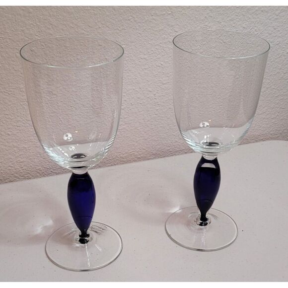 A Set Of 2 Artland Handblown Water Wine Glasses.‎ Blue Cobalt Stems. Holds 12 Oz - Picture 1 of 7